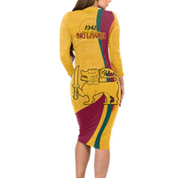 Sri Lanka National Day Long Sleeve Bodycon Dress The Lion Passant With Ketayam Wood Art - Wonder Print Shop