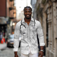 Proud Black Nurse RN Long Sleeve Button Shirt White African Pattern Stethoscope Dashiki Motif