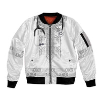 Proud Black Nurse RN Sleeve Zip Bomber Jacket White African Pattern Stethoscope Dashiki Motif