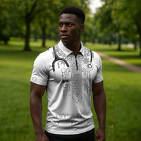 Proud Black Nurse RN Zipper Polo Shirt White African Pattern Stethoscope Dashiki Motif
