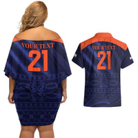 Blue off-shoulder dress and matching shirt, back prints with number 21 and orange yoke