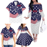 United States Cricket World Cup 2024 Family Matching Off The Shoulder Long Sleeve Dress and Hawaiian Shirt USA Badge Eagle Make Champions - Wonder Print Shop