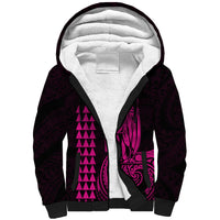 Unisex sherpa hoodie with pink-and-black front graphic, white sherpa-lined hood
