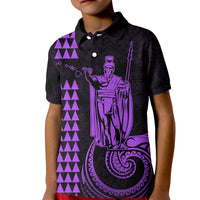 Kids' polo shirt with black base and purple graphic, button-front and collar