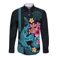 Custom Polynesian Long Sleeve Button Shirt Hawaiian Warriors with Tribal Shark Tattoos - Blue - Wonder Print Shop