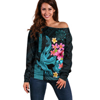 Custom Polynesian Off Shoulder Sweater Hawaiian Warriors with Tribal Shark Tattoos - Blue - Wonder Print Shop