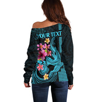 Custom Polynesian Off Shoulder Sweater Hawaiian Warriors with Tribal Shark Tattoos - Blue - Wonder Print Shop