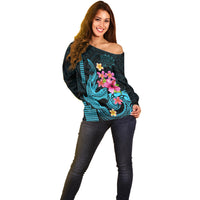 Custom Polynesian Off Shoulder Sweater Hawaiian Warriors with Tribal Shark Tattoos - Blue - Wonder Print Shop