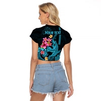 Custom Polynesian Raglan Cropped T Shirt Hawaiian Warriors with Tribal Shark Tattoos - Blue - Wonder Print Shop