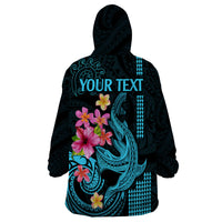 Custom Polynesian Wearable Blanket Hoodie Hawaiian Warriors with Tribal Shark Tattoos - Blue - Wonder Print Shop