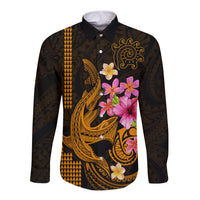 Custom Polynesian Long Sleeve Button Shirt Hawaiian Warriors with Tribal Shark Tattoos - Gold - Wonder Print Shop