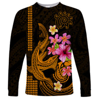 Custom Polynesian Long Sleeve Shirt Hawaiian Warriors with Tribal Shark Tattoos - Gold - Wonder Print Shop