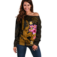 Custom Polynesian Off Shoulder Sweater Hawaiian Warriors with Tribal Shark Tattoos - Gold - Wonder Print Shop
