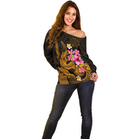 Custom Polynesian Off Shoulder Sweater Hawaiian Warriors with Tribal Shark Tattoos - Gold - Wonder Print Shop