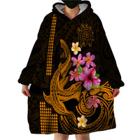 Custom Polynesian Wearable Blanket Hoodie Hawaiian Warriors with Tribal Shark Tattoos - Gold - Wonder Print Shop