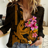 Custom Polynesian Women Casual Shirt Hawaiian Warriors with Tribal Shark Tattoos - Gold - Wonder Print Shop