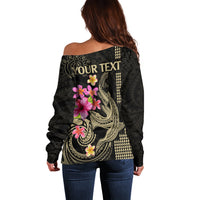 Custom Polynesian Off Shoulder Sweater Hawaiian Warriors with Tribal Shark Tattoos - Nude - Wonder Print Shop
