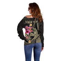 Custom Polynesian Off Shoulder Sweater Hawaiian Warriors with Tribal Shark Tattoos - Nude - Wonder Print Shop