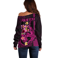 Custom Polynesian Off Shoulder Sweater Hawaiian Warriors with Tribal Shark Tattoos - Pink - Wonder Print Shop