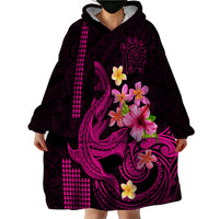 Custom Polynesian Wearable Blanket Hoodie Hawaiian Warriors with Tribal Shark Tattoos - Pink - Wonder Print Shop