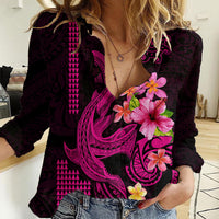 Custom Polynesian Women Casual Shirt Hawaiian Warriors with Tribal Shark Tattoos - Pink - Wonder Print Shop