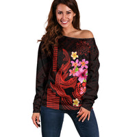 Custom Polynesian Off Shoulder Sweater Hawaiian Warriors with Tribal Shark Tattoos - Red - Wonder Print Shop