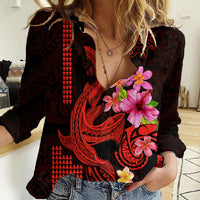 Custom Polynesian Women Casual Shirt Hawaiian Warriors with Tribal Shark Tattoos - Red - Wonder Print Shop