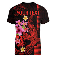 Custom Polynesian Women V Neck T Shirt Hawaiian Warriors with Tribal Shark Tattoos - Red - Wonder Print Shop