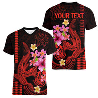 Custom Polynesian Women V Neck T Shirt Hawaiian Warriors with Tribal Shark Tattoos - Red - Wonder Print Shop