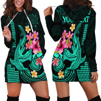 Custom Polynesian Hoodie Dress Hawaiian Warriors with Tribal Shark Tattoos - Turquoise - Wonder Print Shop