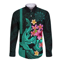 Custom Polynesian Long Sleeve Button Shirt Hawaiian Warriors with Tribal Shark Tattoos - Turquoise - Wonder Print Shop