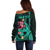 Custom Polynesian Off Shoulder Sweater Hawaiian Warriors with Tribal Shark Tattoos - Turquoise - Wonder Print Shop