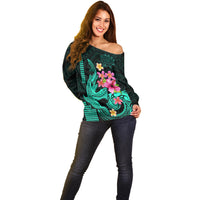 Custom Polynesian Off Shoulder Sweater Hawaiian Warriors with Tribal Shark Tattoos - Turquoise - Wonder Print Shop