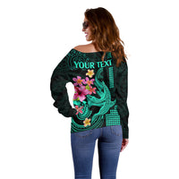 Custom Polynesian Off Shoulder Sweater Hawaiian Warriors with Tribal Shark Tattoos - Turquoise - Wonder Print Shop