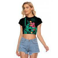 Custom Polynesian Raglan Cropped T Shirt Hawaiian Warriors with Tribal Shark Tattoos - Turquoise - Wonder Print Shop