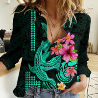 Custom Polynesian Women Casual Shirt Hawaiian Warriors with Tribal Shark Tattoos - Turquoise - Wonder Print Shop