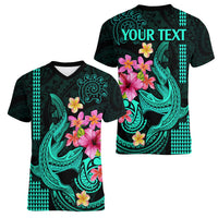Custom Polynesian Women V Neck T Shirt Hawaiian Warriors with Tribal Shark Tattoos - Turquoise - Wonder Print Shop