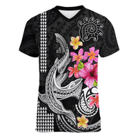 Custom Polynesian Women V Neck T Shirt Hawaiian Warriors with Tribal Shark Tattoos - White - Wonder Print Shop