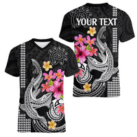 Custom Polynesian Women V Neck T Shirt Hawaiian Warriors with Tribal Shark Tattoos - White - Wonder Print Shop