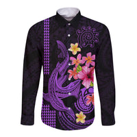 Custom Polynesian Long Sleeve Button Shirt Hawaiian Warriors with Tribal Shark Tattoos - Purple - Wonder Print Shop