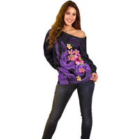 Custom Polynesian Off Shoulder Sweater Hawaiian Warriors with Tribal Shark Tattoos - Purple - Wonder Print Shop