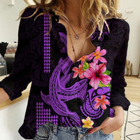 Custom Polynesian Women Casual Shirt Hawaiian Warriors with Tribal Shark Tattoos - Purple - Wonder Print Shop