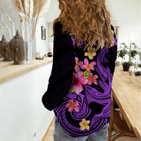 Custom Polynesian Women Casual Shirt Hawaiian Warriors with Tribal Shark Tattoos - Purple - Wonder Print Shop