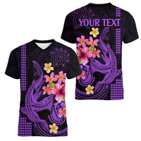 Custom Polynesian Women V Neck T Shirt Hawaiian Warriors with Tribal Shark Tattoos - Purple - Wonder Print Shop