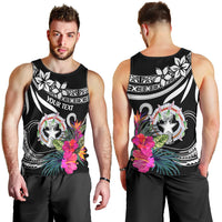 Black men's tank top, front and back views with tropical star badge print