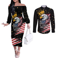 No Kings In America Since 1776 Couples Matching Off The Shoulder Long Sleeve Dress and Long Sleeve Button Shirt We The People USA Flag - Wonder Print Shop