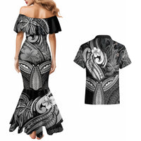 Polynesia Couples Matching Mermaid Dress and Hawaiian Shirt Whale Tale and Polynesian Sunset Plumeria Black LT9 - Wonder Print Shop