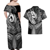 Polynesia Couples Matching Off Shoulder Maxi Dress and Hawaiian Shirt Whale Tale and Polynesian Sunset Plumeria Black LT9 - Wonder Print Shop