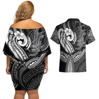 Polynesia Couples Matching Off Shoulder Short Dress and Hawaiian Shirt Whale Tale and Polynesian Sunset Plumeria Black LT9 - Wonder Print Shop