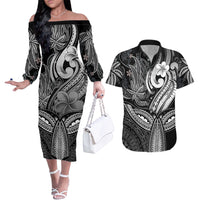 Polynesia Couples Matching Off The Shoulder Long Sleeve Dress and Hawaiian Shirt Whale Tale and Polynesian Sunset Plumeria Black LT9 - Wonder Print Shop